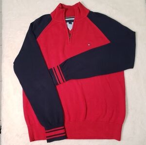 Tommy Hilfiger Men's Red and Black Sweater. Size: L . ¼ zip
